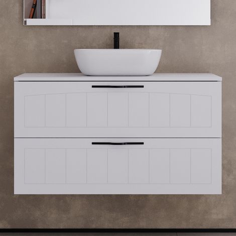 Meuble de salle de bain 90cm avec plateau et vasque à poser ovale - 2 tiroirs - sans miroir - blanc - PIA (1/5)