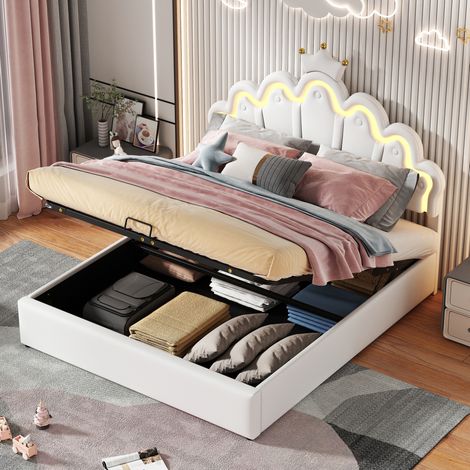 Bett 140x200 Polsterbett mit Stauraum LED Weiß HAVRYA (1/5)