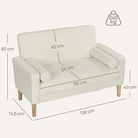 Canapé 2 places blanc crème, sofa double rembourré avec piètement en bois d'hévéa, assise confortable pour séjour, chambre à coucher (1/5)