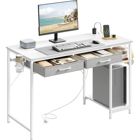 WOLTU Scrivania per Computer con Prese di Scrivania con Portabicchieri e Gancio e 2 Casetti Bianco
