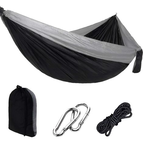 Hamaca de camping, hamaca sencilla con correa para árbol, portátil y ligera, ideal para senderismo, excursiones a la playa, etc. (Negra) (1/5)