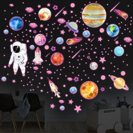 1 juego de pegatinas luminosas de planetas y estrellas que brillan en la oscuridad, pegatinas de pared de planetas y astronautas, color rosa (1/5)