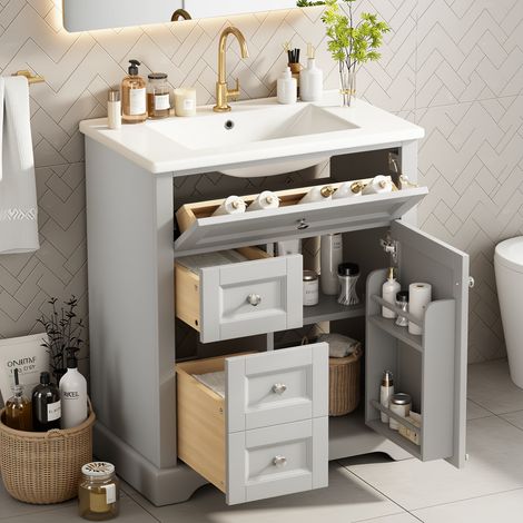 URBAN MEUBLE Meuble vasque gris sur pied, vasque en céramique intégrée, tiroirs à fermeture amortie et rangement (robinet non inclus) (1/5)