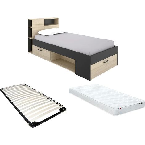 Lit avec tête de lit rangements et tiroir - 90 x 190 cm - Anthracite et naturel + matelas + sommier - LEANDRE (1/5)