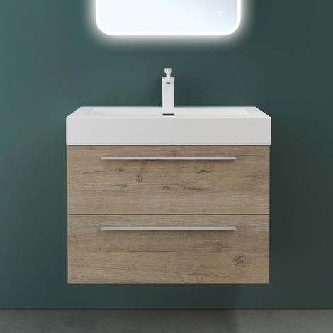 Mai & Mai Mobile Bagno Sospeso73cm, Mobile da Bagno con 2 Cassetti Include Lavabo, Rovere chiaro, Seria Quadratto F161 (1/5)