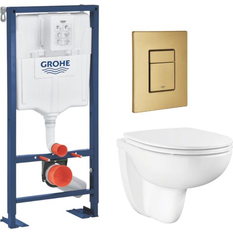 Pack WC suspendido GROHE sin brida y carenado + Asiento Bau Ceramic + Bastidor autoportante + Placa de accionamiento Cool Sunrise (1/4)