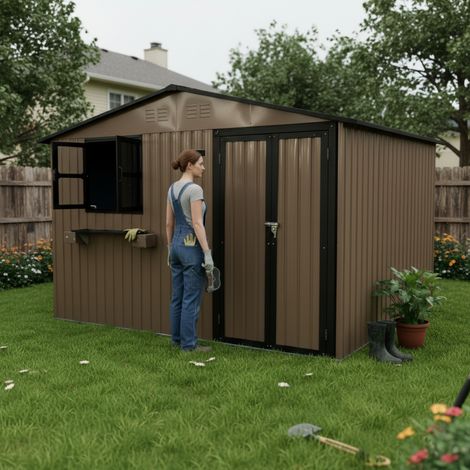 Gartenhaus aus verzinktem Stahl, 7,19 m², 295 x 243,6 cm, braun-schwarz, 2 zu öffnende Fenster, abschließbare Türen, Blumenregal