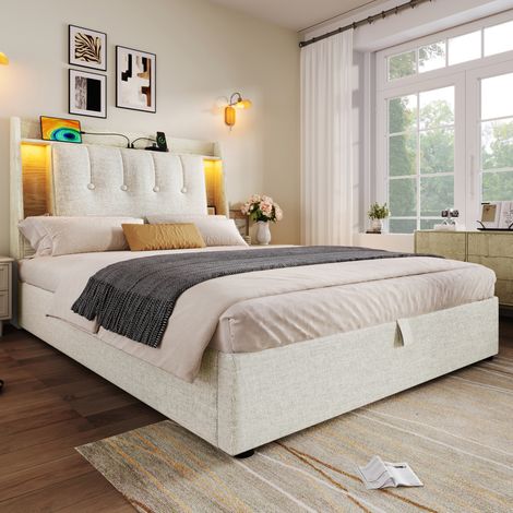 Cama con almacenaje 90 x 200 cm en lino con LED, USB y Type-C, beige HAVRYA (1/5)