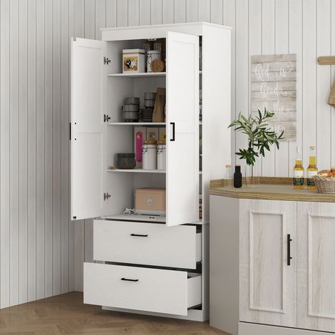 Meuble de cuisine indépendant avec étagères réglables et deux grands tiroirs pour salon ou cuisine, blanc
