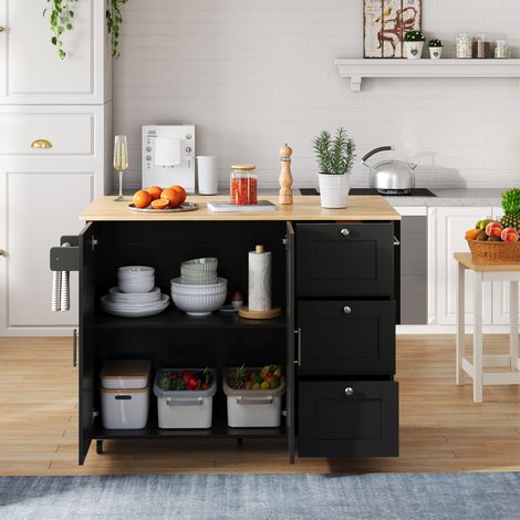 Isla de cocina móvil 135x70x90 cm negra y natural en MDF con encimera abatible, 3 cajones y ruedas