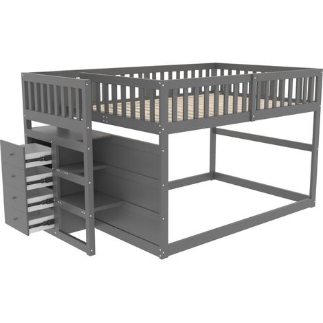 Lit superposé bas en bois gris 140x200 cm avec escalier et 4 tiroirs, barrière haute de sécurité