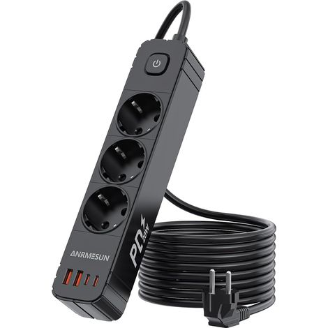 Multiprise Plate avec Interrupteur, Prise Plate 3 Prises avec 4 USB(2 USB-C PD 20W), Multiprise Parafoudre et Surtension avec Câble de 1,9 m Fixation Murale pour Maison Bureau (1/5)