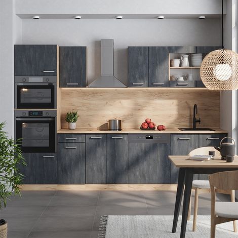Komplettküche R-Line, Schwarz Beton/Goldkraft Eiche, 300 cm AP Marmor, Vicco