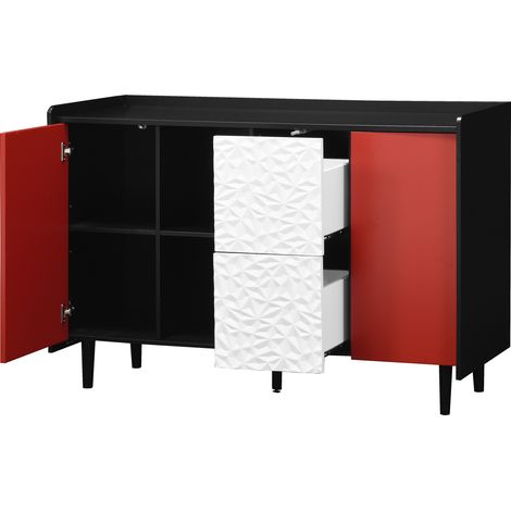 Buffet noir avec portes rouges, 2 tiroirs et 2 niches ouvertes, meuble de rangement moderne pour cuisine (1/5)