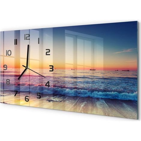 Horloge Murale Design Original 60x30 cm Verre Trempé Silencieuse Salon Lever du soleil sur la mer (1/5)