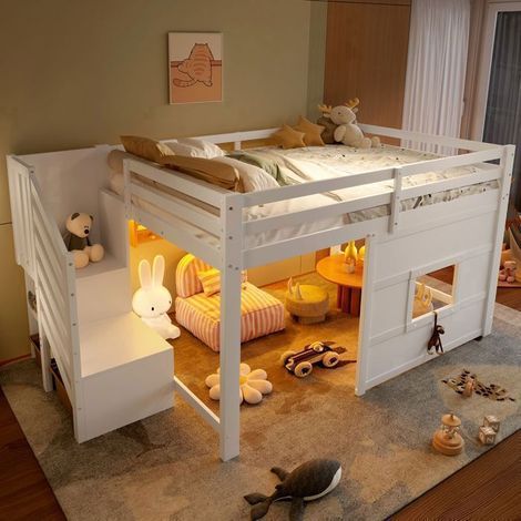 Lit Mezzanine Enfant 140x200 avec Escalier Rangement - Lit Mezzanine - Design Maison, LED Intégrée, garde-corps de sécurité, Blanc, (1/5)