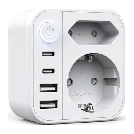 FENOPLASTICAMultiprise USB, Multiprise Murale, Prise Multiple 6-en-1, Multiprise avec 2 Ports USB A & 2 USB C, Prise Murale avec Interrupteur, Double Prise pour Maison, Bureau, Voyage, Blanco (1/4)