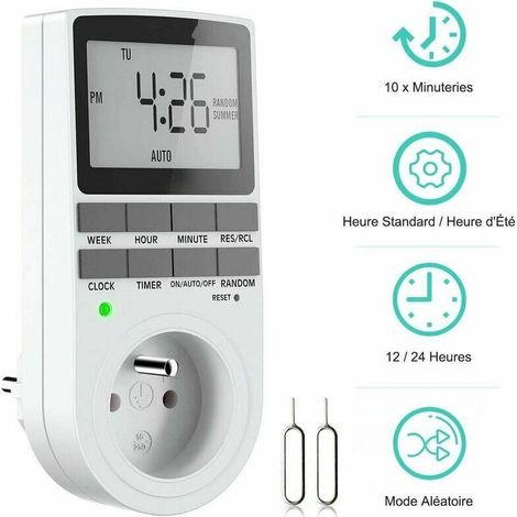 Prise Programmable Digitale, Minuterie Numérique Hebdomadaire avec Ecran LCD, Minuterie Prise Electrique 12H/24H/7Jours, économie d'Energie Pour L'électroménagers et L'éclairage (1 Pack),