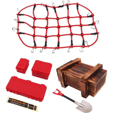 Remote Control Car Roof Bar Accessories with Cargo Net Mini Tool Box Red Wood Shovel for 1/10 RC Car RC Crawler Compatible with 4 10 (1/5)