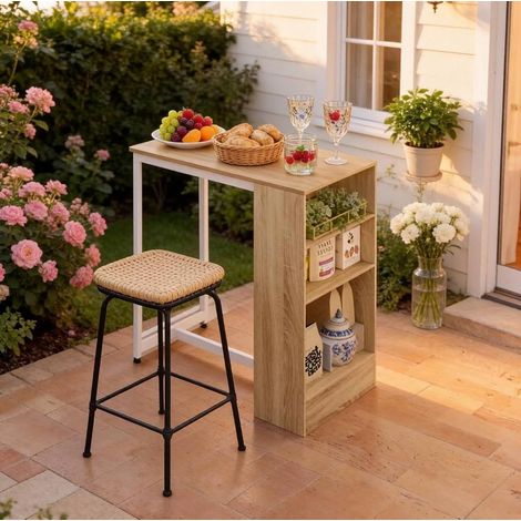 Table haute de cuisine 91x49x91 cm blanc et chêne clair, avec étagères latérales, métal MEUBLIV (1/5)