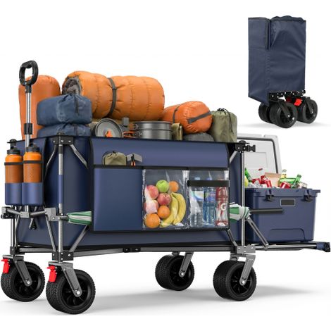 Chariot pliable 200L+100L avec hayon, chariot pliable de 140 cm avec roues tout-terrain extra larges de 17 x 10 cm, idéal pour le jardin, les courses, la plage et les activités de plein air (bleu) (1/5)