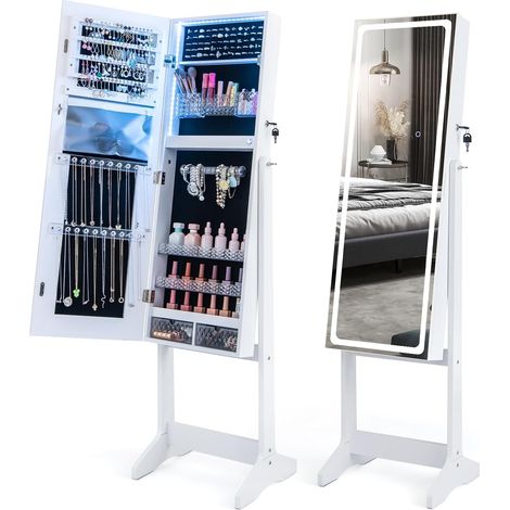 COSTWAY Armario para Joyas, Joyero de Pie con Espejo Iluminado de 3 Colores, Puerta con Cerradura y Llaves, Caja de Lápiz Labial y 2 Cajones, Organizador de Joyas con 3 Ángulos Ajustables (Blanco) (1/5)