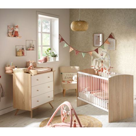 Chambre bébé duo - Lit 120 x 60 cm + Commode 3 tiroirs - Access - Bois chene doré/Blanc - SAUTHON