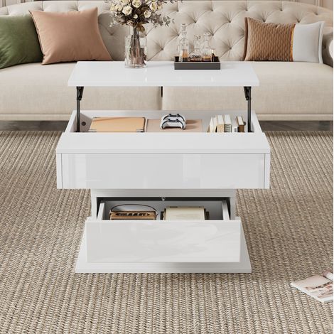 Couchtisch (70x70x45 cm), höhenverstellbar und 360 Grad drehbar, mit verstecktem Stauraum und Schublade, Weiß (1/5)