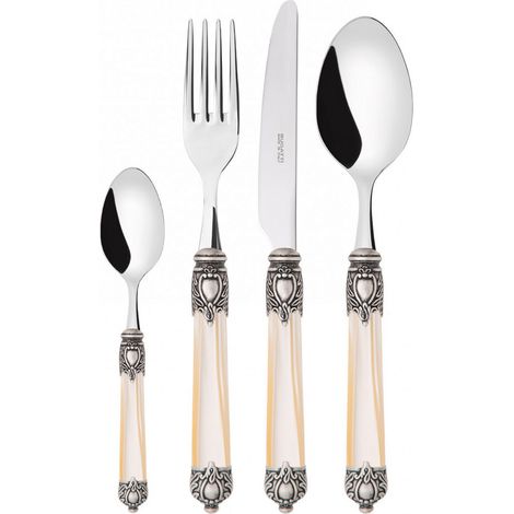 Set posate 24 pezzi in scatola Compact Rinascimento ghiera argento antico Avorio Madreperla Bugatti