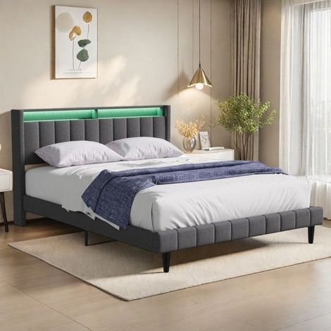 Polsterbett 160x200 cm aus grauem Leinen, Doppelbett, Erwachsenenbett mit Kopfteil mit Stauraum, USB-Anschluss und LED, einschließlich Lattenrost
