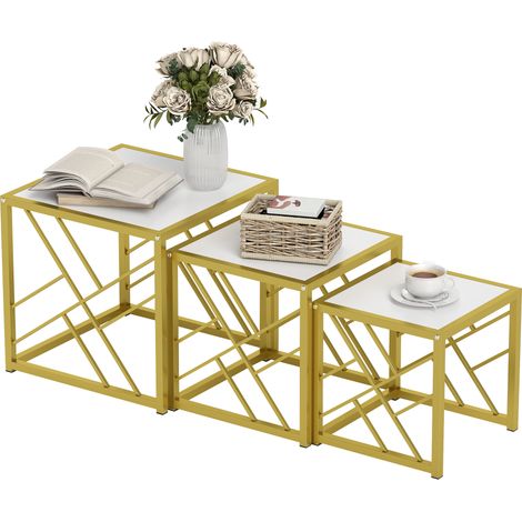 Set of 3 Square Nesting Coffee Tables with Black Metal Frame-Stylish Side Tables for Living Room,Bedroom,and Office in White