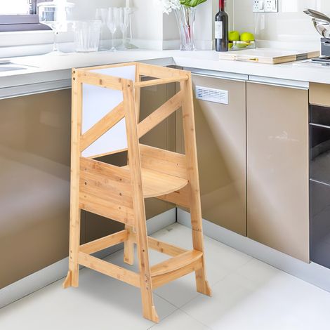 Randaco – Tour d'apprentissage en bambou 91.4x49x41.4cm – Hauteur réglable 40-46-52cm – 4 barres de sécurité – Tableau de dessin inclus