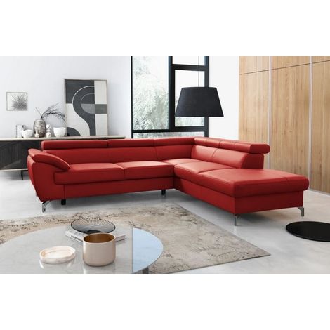 Canapé d'angle convertible en cuir italien de luxe 5/6 places FINLANDE avec coffre, rouge foncé, angle droit (1/5)