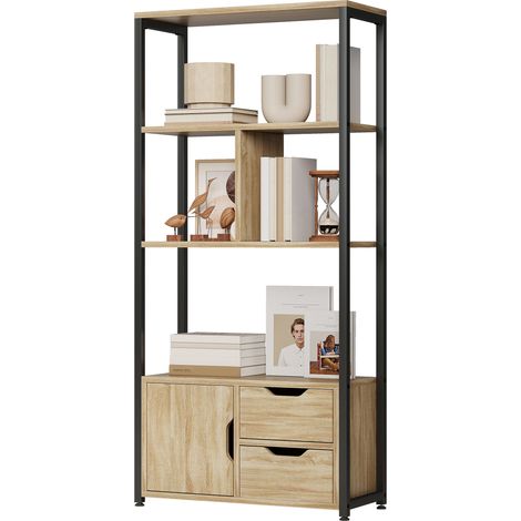Bibliothèque style industriel 3 étagères placard porte 2 tiroirs 58 x 24 x 122 cm effet bois naturel acier noir (1/5)