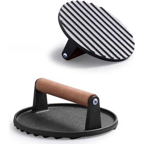 Poêle à hamburger en fonte, lourde et lisse, poignée et design en bois, pour griller, presser les hamburgers, les steaks et les sandwichs, contrôle la teneur en jus et le centre (18 cm de diamètre) (1/5)