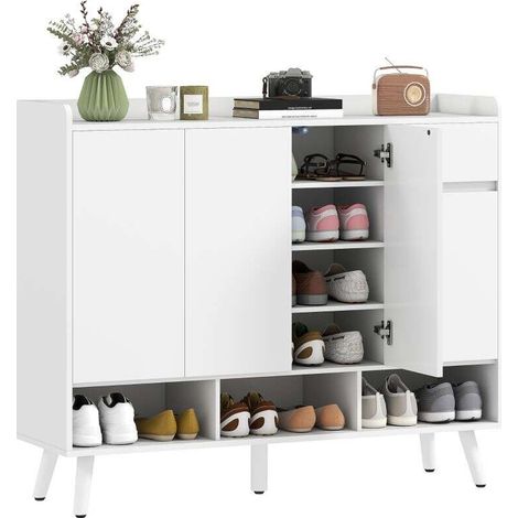 Armoire à chaussures blanche sans poignées, 4 portes et étagères réglables, meuble en bois design avec 5 pieds (1/5)