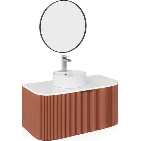 Meuble de salle de bain suspendu strié avec vasque à poser ronde, robinet et miroir - Terracotta mat - 100 cm - LOMERI (1/4)