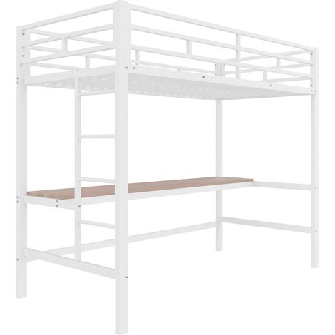 Cama alta 90 x 200 cm de metal blanco con escritorio, escalera, barandilla, LED y puertos USB (1/5)
