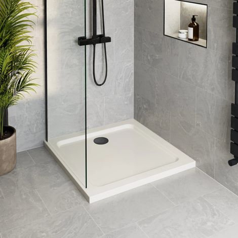 800 x 800mm Low Profile Non Slip Square Shower Tray for Enclosure with Black Waste (1/3)