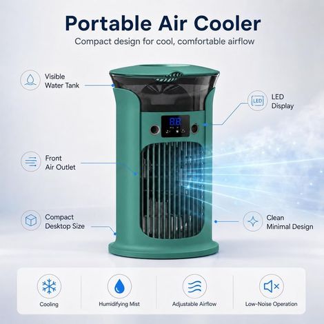 Mini-Klimaanlage ohne Abluftschlauch, 2-in-1-USB-Luftkühler, 3-stufiger Ventilator, Luftbefeuchter und LED-Beleuchtung, für Büro, Schlafzimmer und Camping (1/4)