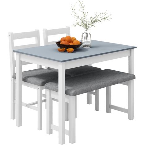 Table salle à manger 4 pièces avec banc et 2 chaises gris blanc