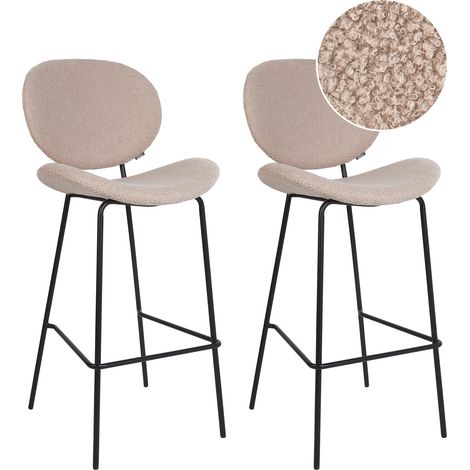 Conjunto de 2 sillas de bar bouclé hierro patas negras tapas sin reposabrazos diseño retro comedor beige claro Luana