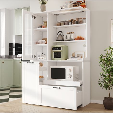 Credenza alta bianca in MDF con ripiani regolabili, cassetti e vetro rigato, 98 x 40 x 177 cm (1/5)