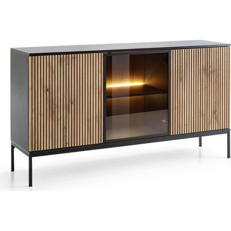 Sideboard 154 cm Haller - Holzbeinen, 3 Türen, Kommode mit Lamellen - LED-Beleuchtung - Loft Stil (Wotan Eiche / Schwarz) (1/5)