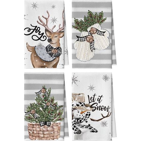 Torchons de cuisine Noël avec motifs renne bonhomme de neige gants ours, 42x65 cm serviettes en microfibre absorbantes décoration cuisine lot de 4 (1/5)