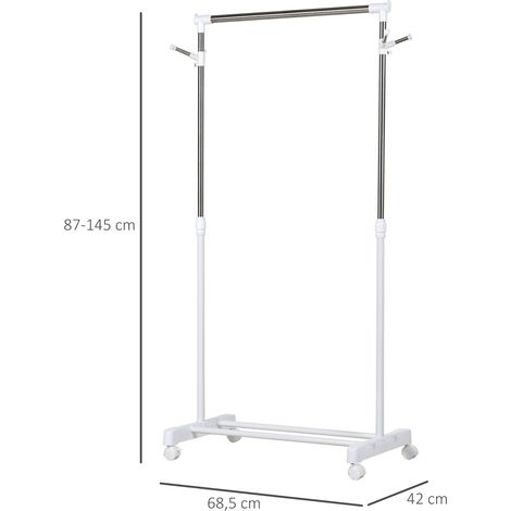 Rollbarer Garderobenständer, höhenverstellbar, mit unterer Ablage, 4 Räder, Weiß (1/5)