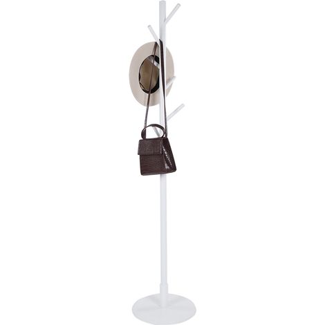 Porte-manteau en bois massif, support mural ou sur pied, cintre à vêtements vertical avec 8 crochets, finition blanche, pour entrée et couloir. (1/5)