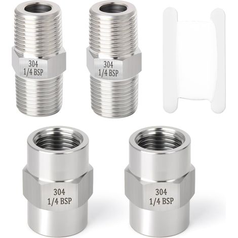 4-teiliges Rohrverbindungsstück aus Edelstahl 304, Sechskantverschraubung, 1/4" x 1/4" BSP Außengewinde, 1/4" BSP - 1/4" BSP Innengewinde (1/5)