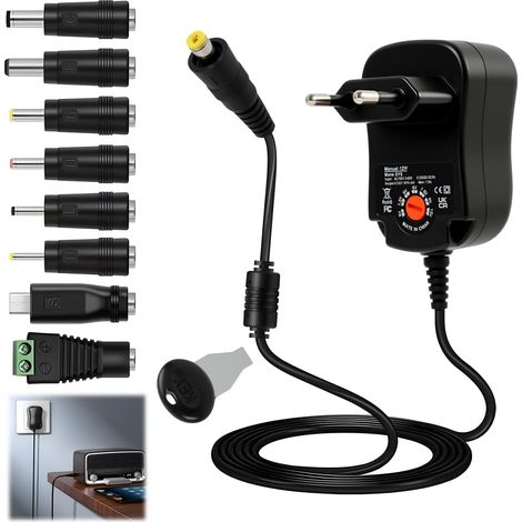 Adaptateur Secteur Universel Réglable 3v à 12v 12w, Alimentation AC vers DC avec Sélecteur De Tension, 7 Embouts Interchangeables, pour électronique Domestique, LED, Routeur (1/5)