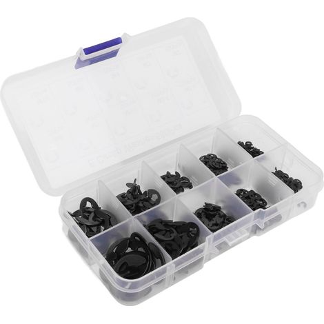 Ensemble de 580 rondelles de retenue de type E avec boîte de rangement, en acier inoxydable noir, pour fixation ferme. (1/5)